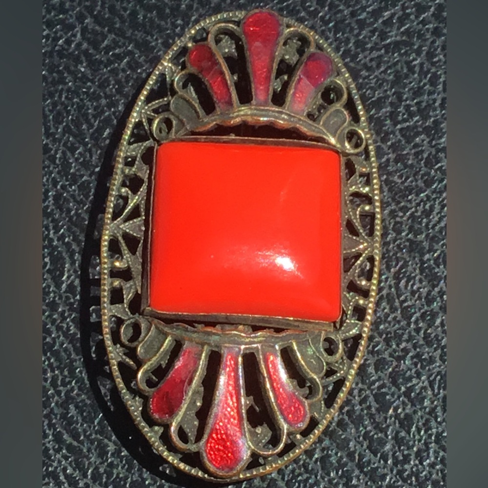 Red Square Cabochon Filigree Brooch - Unbranded